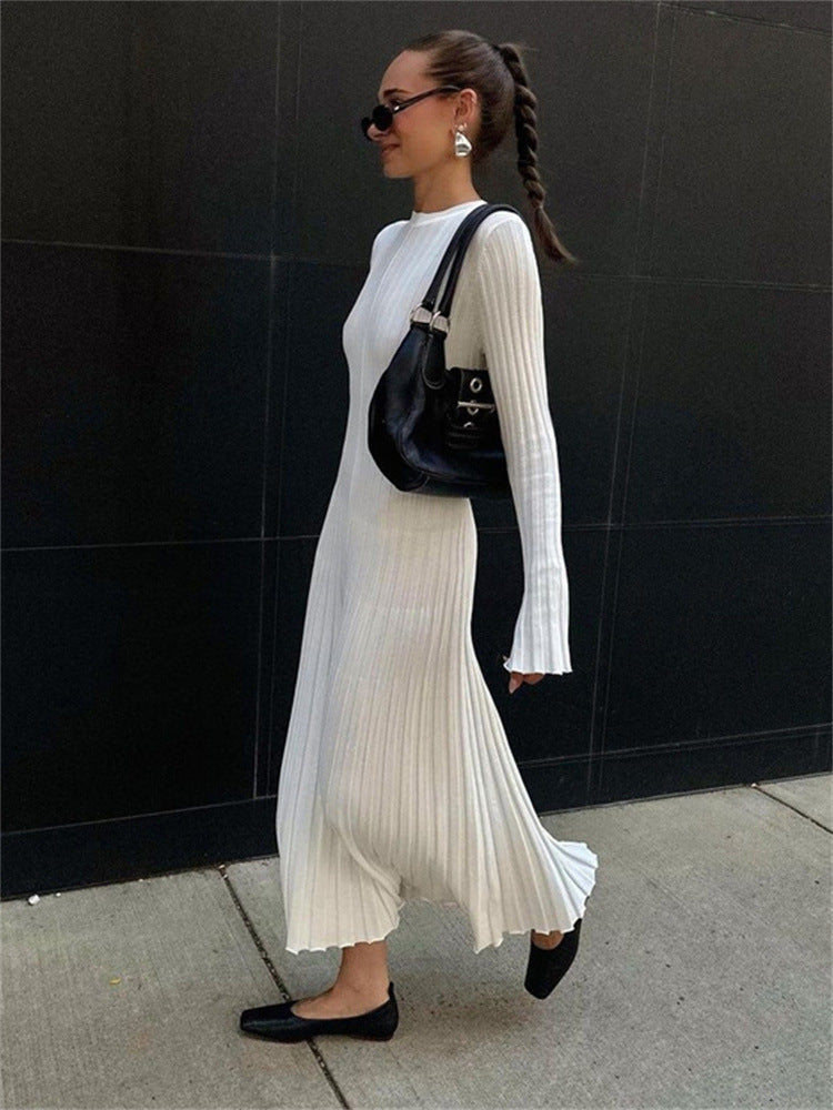 Long Sleeve Round Neck Tight Knitted Dress Autumn Sweater Dress Sunken Stripe Solid Color Base Dress