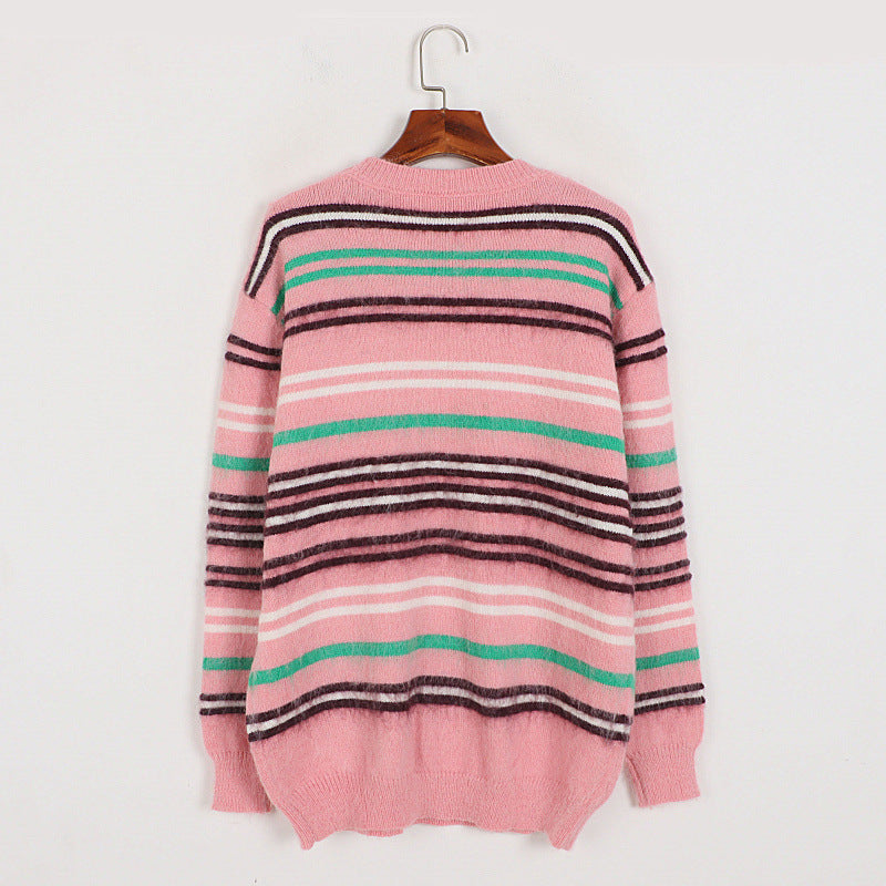 Colorful Striped Mid Length Thick Autumn Winter Korean Contrast Color Idle Loose Knitted Sweater