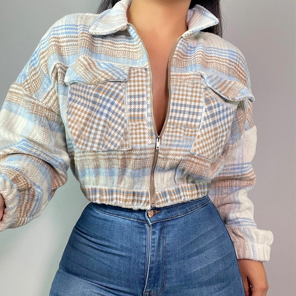 Coat Short Bare Cropped Slim Fit Plaid Shacket Collar Long Sleeve Blouse