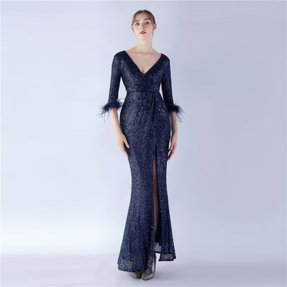 Craft Ostrich Feather Sequined Long Sleeve Evening Dress