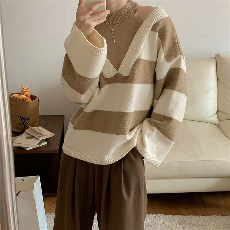 Chic Autumn Winter Retro Western Halter Off Shoulder Faux Two Pieces Design Contrast Color Striped Long Sleeve Knitted Sweater Women