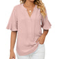 Spring Summer Lotus Leaf Sleeve Solid Color V Neck Short Sleeve Loose Top Women