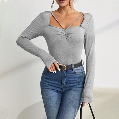 Women Clothing Minimalist Design Square Neck T shirt Fall/Winter Slim All Match Slimming Bottoming Top