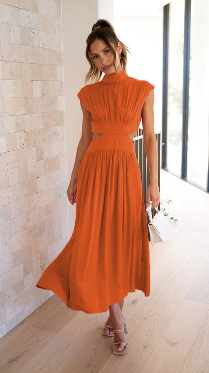 Sweet Street Summer Stand Collar Solid Color Cropped Outfit Maxi Dress