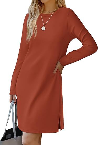 Women Clothing Round Neck Slit Hemline At Hem Sweater Long Sleeve Casual Dress