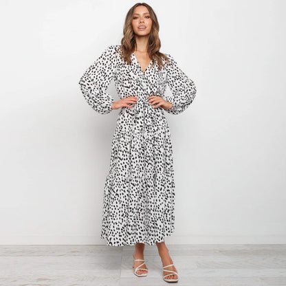 Print Long Sleeve Loose Pleated Dress Women Clothing