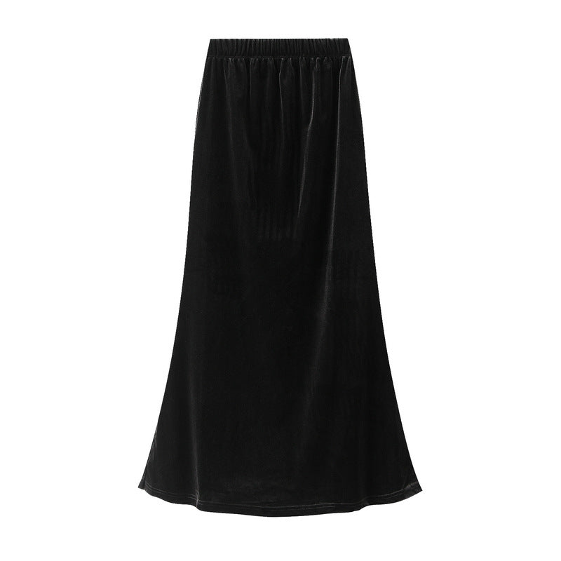 High End Black Velvet Fishtail Skirt Women Autumn French High Waist Slimming Long Skirt