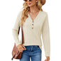 Autumn Winter Solid Color V neck Button Loose Long Sleeved T shirt Top Women Clothing Button