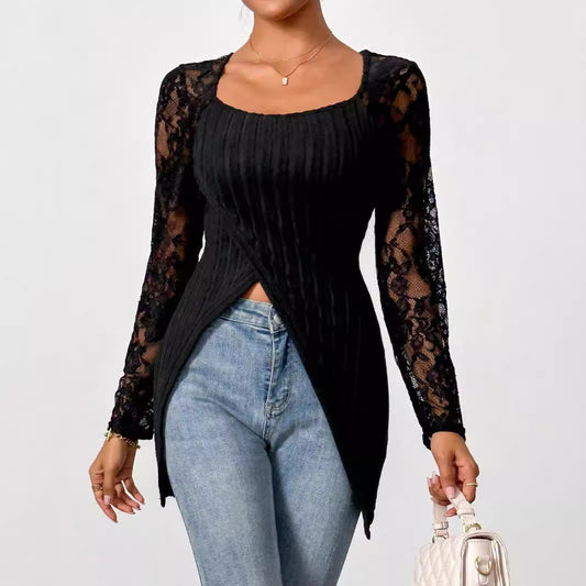 Simple Lace Stitching Long Sleeve Irregular Asymmetric Hem Slim T shirt Top for Women