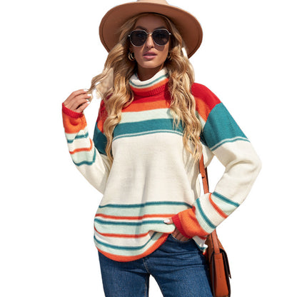 Autumn Pullover Long Sleeve Top Women's Loose Casual Multi Color Contrast Color Minimalist Women Sweater