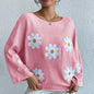 Loose Batwing Sleeve Sweater Autumn Winter Embroidered Floral College Off Shoulder Sweater