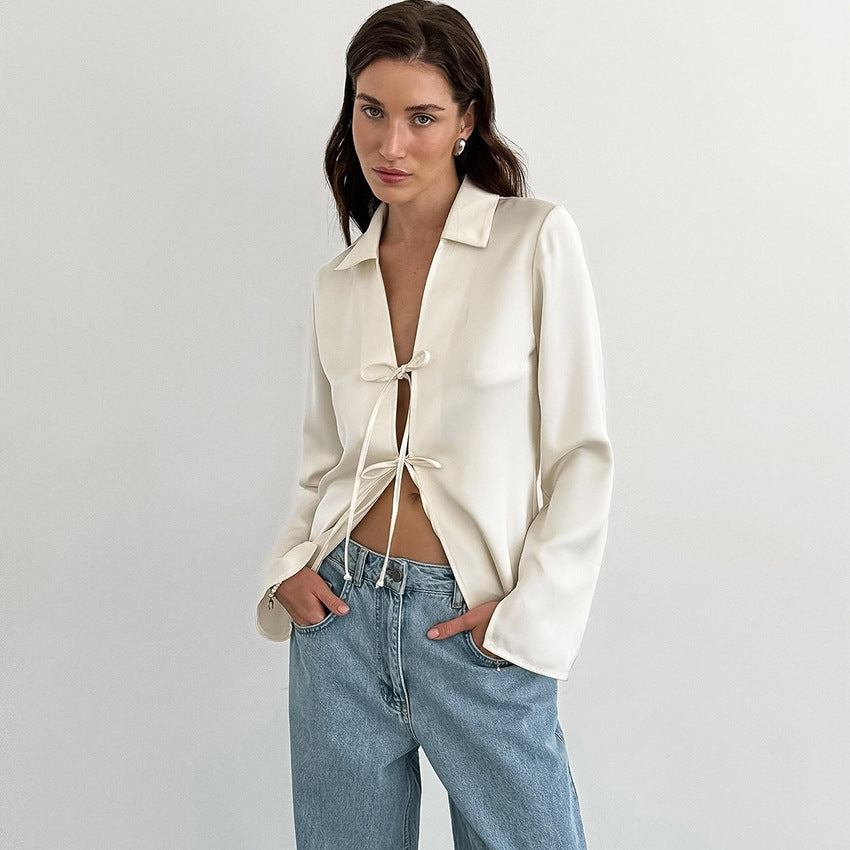 French Imitation Acetate Satin Straps Split Collared Shirt Autumn Cardigan Women