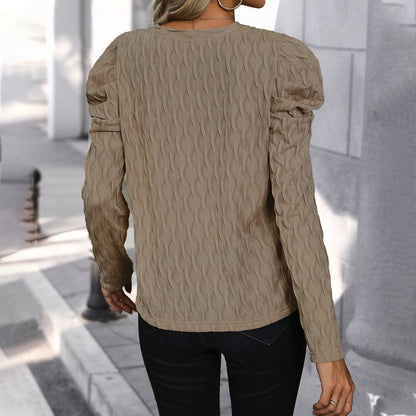 V Neck Texture Solid Color T Shirt Gigot Sleeve Long Sleeve Casual Elegant T Shirt Top Women