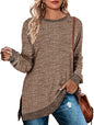 Women Clothing Long Sleeve round Neck Multicolor Split Top Loose Casual Pullover T-shirt