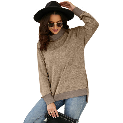 Autumn Winter Long Sleeve High Collar Loose Contrasting Color Cuff Scarf T shirt Top Women