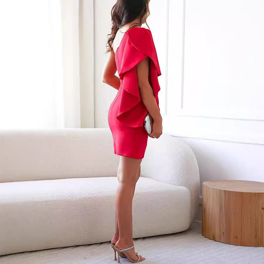 Ruffled One Shoulder Solid Color Sexy Dress Cocktail Evening Dress Women