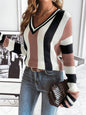 Women V Neck Sweater Classic Striped Long Sleeved Sweater Casual All Matching Tops