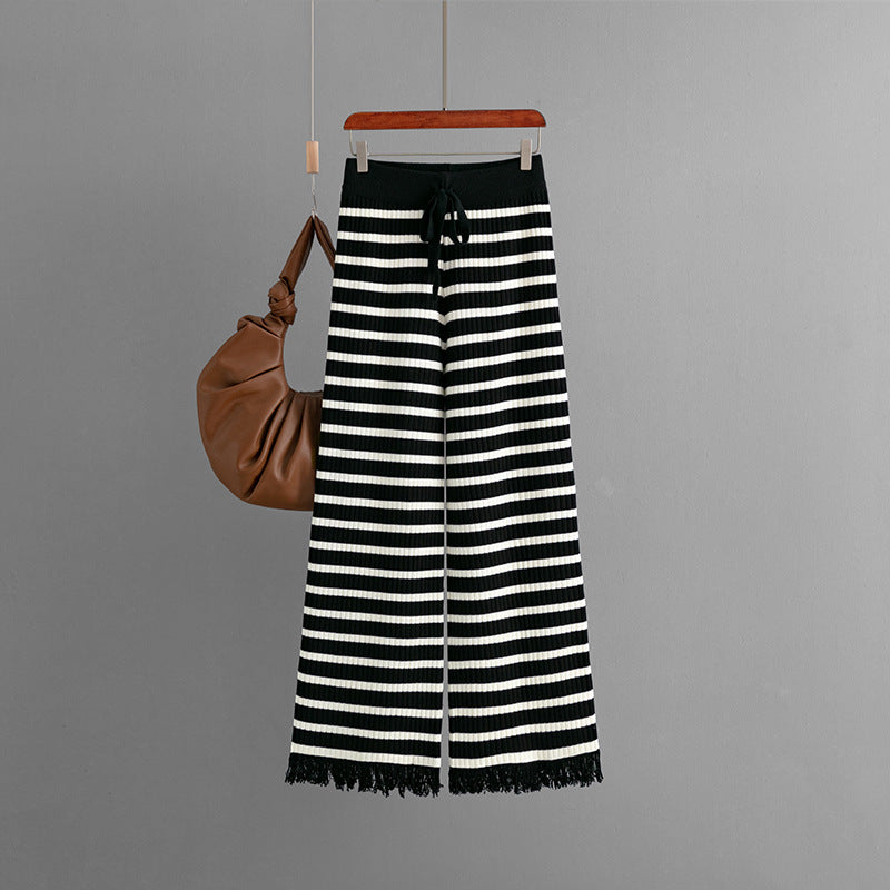 Autumn Winter Striped Wide Leg Pants High Waist Drooping Loose Knitted Mop Straight Wool Casual Pants