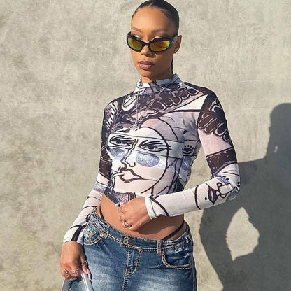 Sexy See through Mesh T shirt round Neck Long Sleeve Face Print Slim Top Women