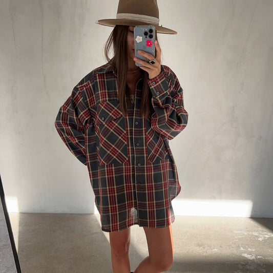 Women Clothing Autumn Retro Plaid Shirt Boyfriend Mid Length Loose Shacket