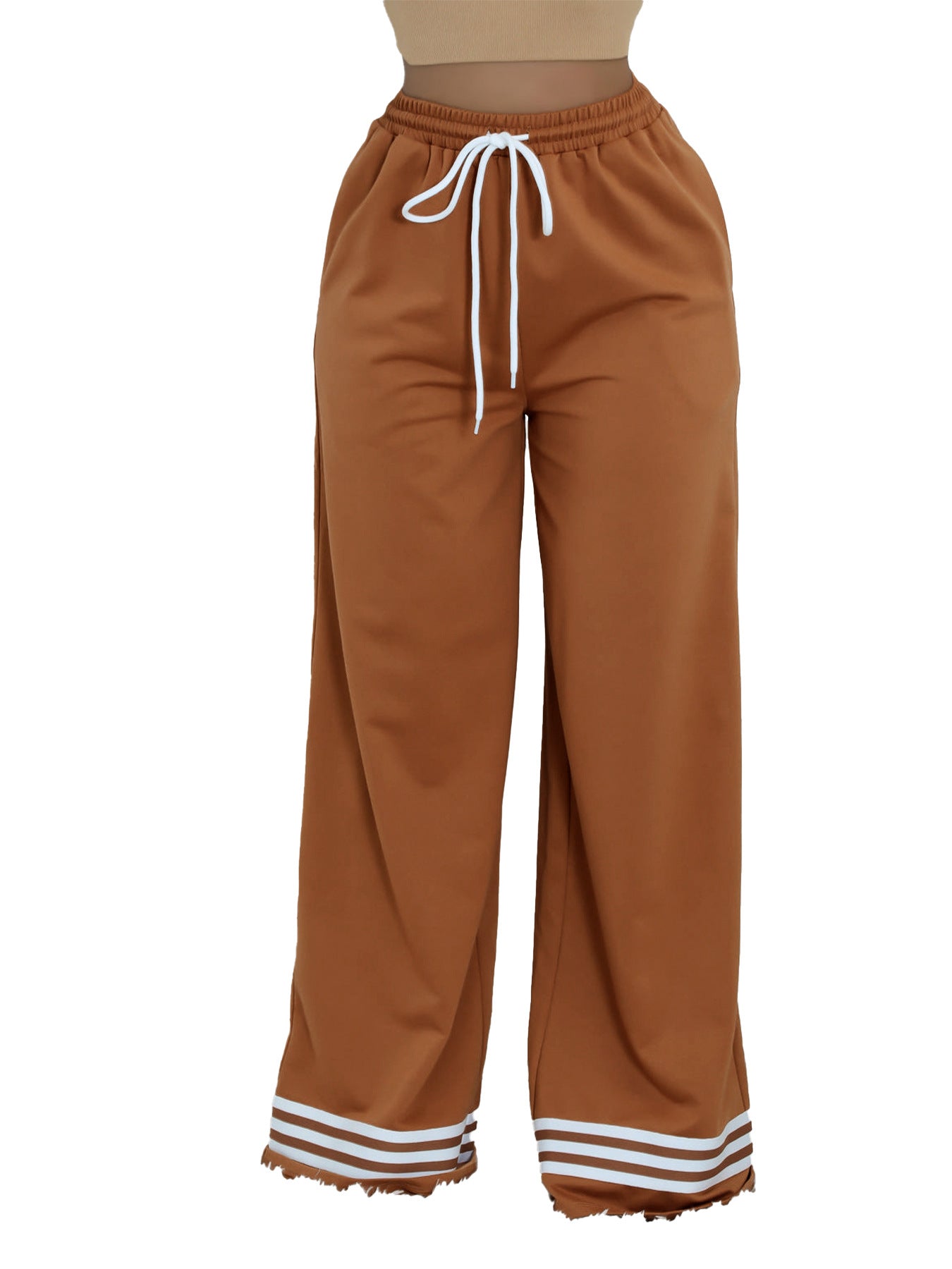 Casual Women Wear Loose Striped Contrast Color Pocket Wide Leg Pants Trousers