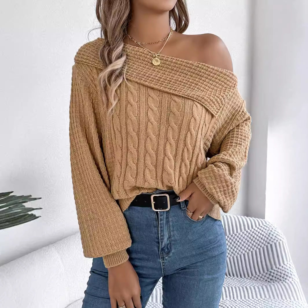 Autumn Winter Casual Sexy Collared Off The Shoulder Twist Long Sleeve Pullover Women Clothing