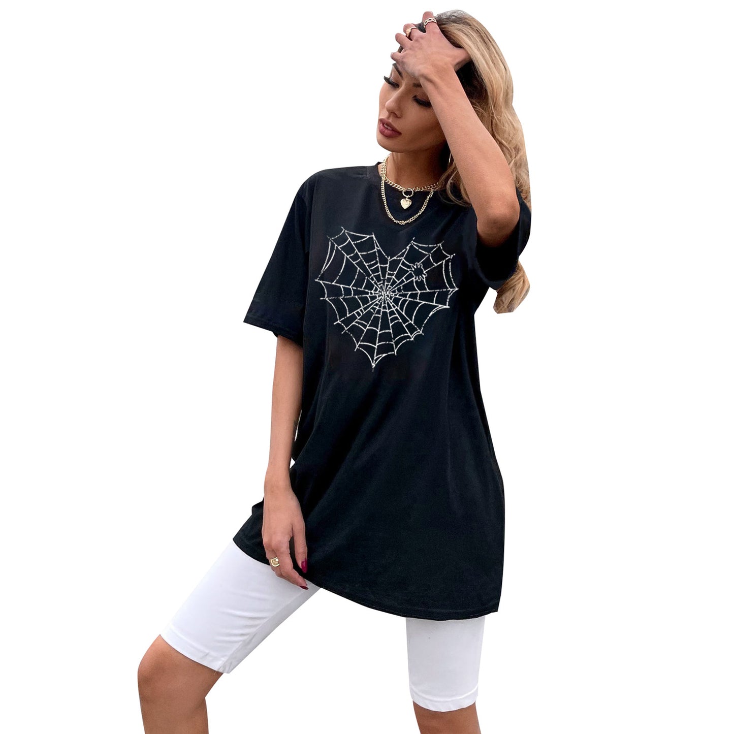 Women Clothing Casual All Matching Spider Web Printing Stylish T shirt