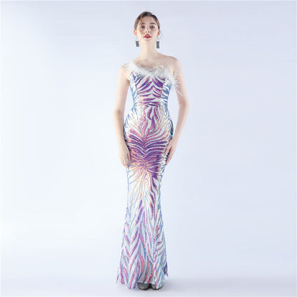 Positioning Floral Sequin Craft Order Ostrich Feather One Shoulder Diagonal Collar High End Evening Dress