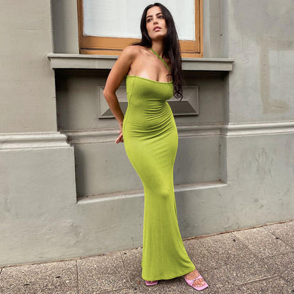 Women Clothing Summer Sexy Backless Slim Fit Solid Color Halter Dress