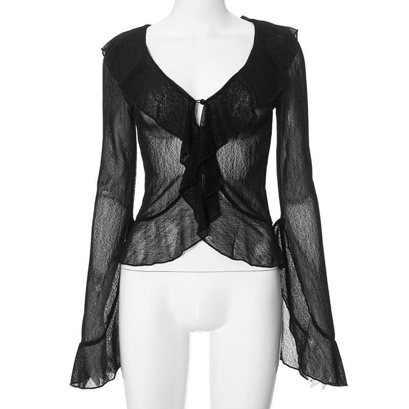 Women Summer Street Sexy Deep V Plunge Lace See through Slim Long Sleeve Top