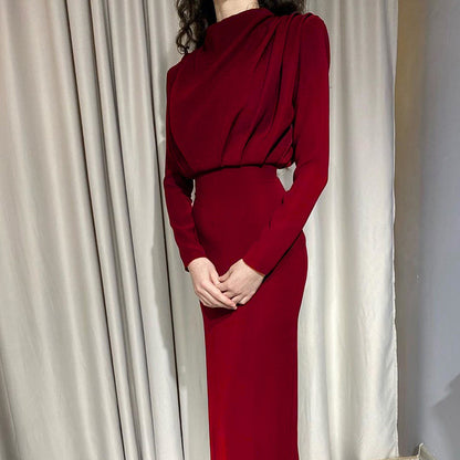 Autumn Waist-Controlled Western Solid Color Long Sleeve Dress