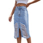 Women Clothing Retro Tattered Jeans Special High Waist Slimming Denim Skirt