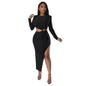 Women Clothing Autumn Round Neck Sexy Waist Cutout out Split Dress