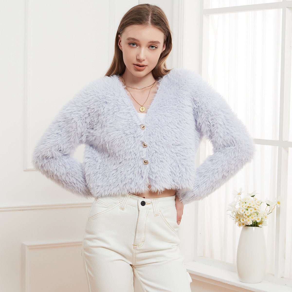 Women Knitted Mink Like V neck Cardigan Short Coat Top Casual Soft Sweater Women