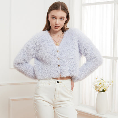 Women Knitted Mink Like V neck Cardigan Short Coat Top Casual Soft Sweater Women