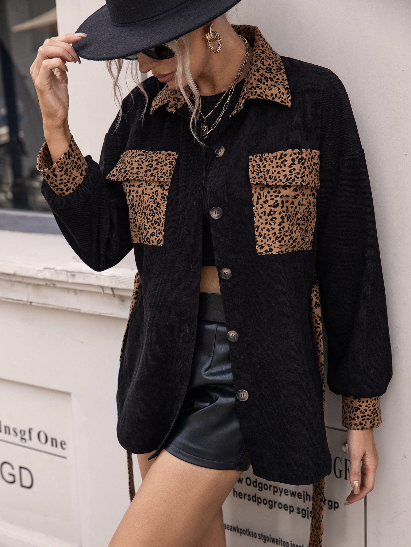 Casual Single Breasted Leopard Splicing Trench Coat Office Jacket Coat Top Women