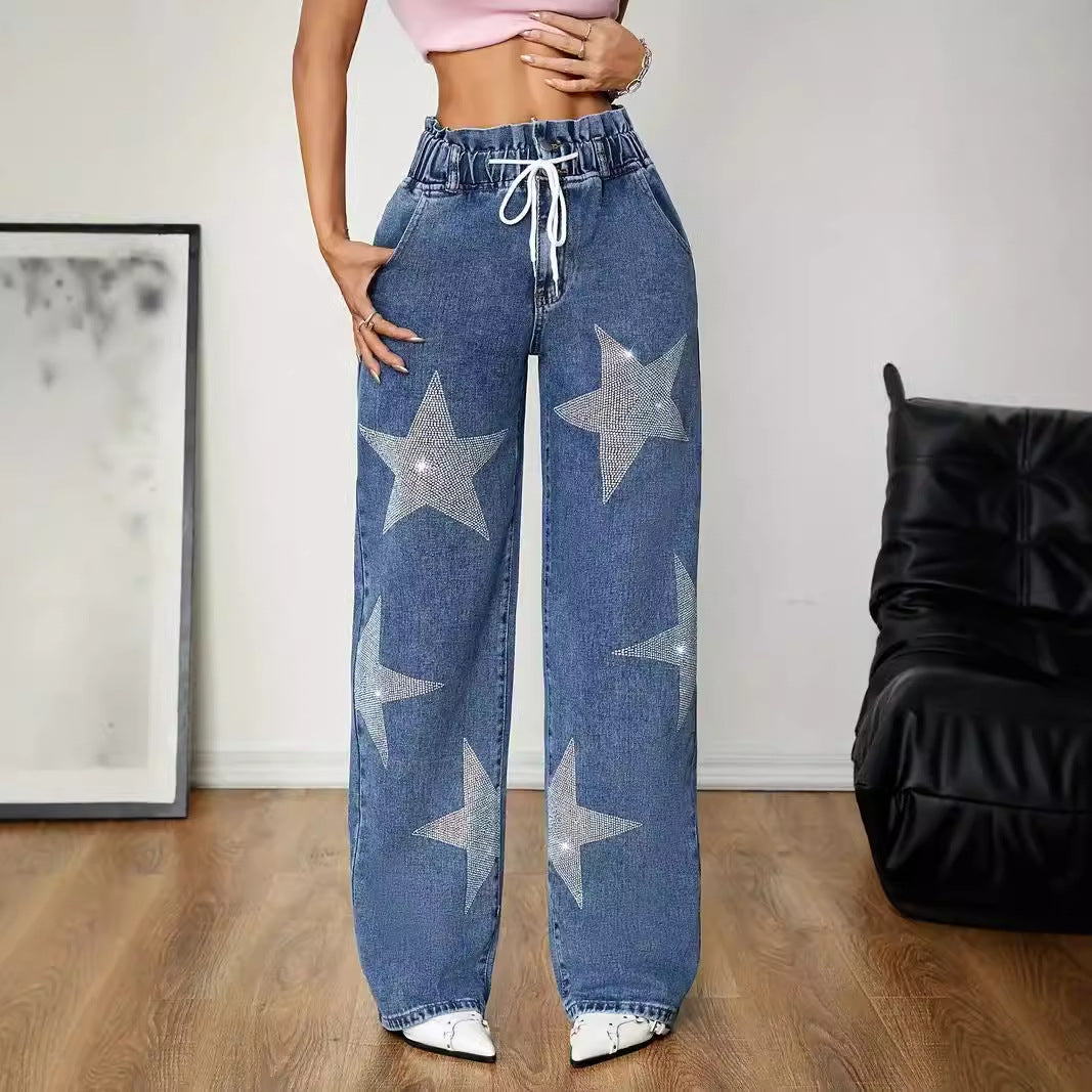 Five Pointed Star Embroidered Jeans Retro High Street Brand Loose Straight Wide Leg Pants Summer Thin