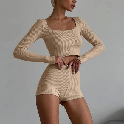 Women Clothing Autumn Solid Color Long Sleeve Square Neck Tight Two Piece Yoga Fitness Suit Women