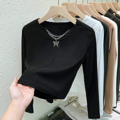 Inner Dralon Bottoming Shirt Women Autumn Winter Fleece Lined Butterfly Chain Niche Design Long Sleeve T Shirt