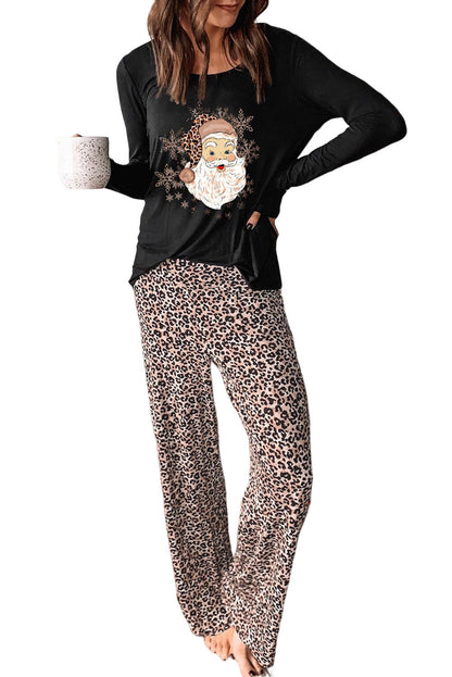 Winter Long Sleeve Loungewear Suit Women Santa Leopard Print Loose Home Two Piece Set