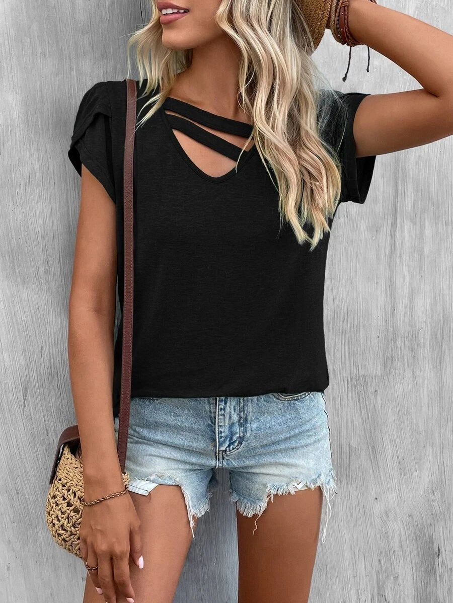 Women Clothing Summer Solid Color Stitching Petal Sleeve Loose T Top Women