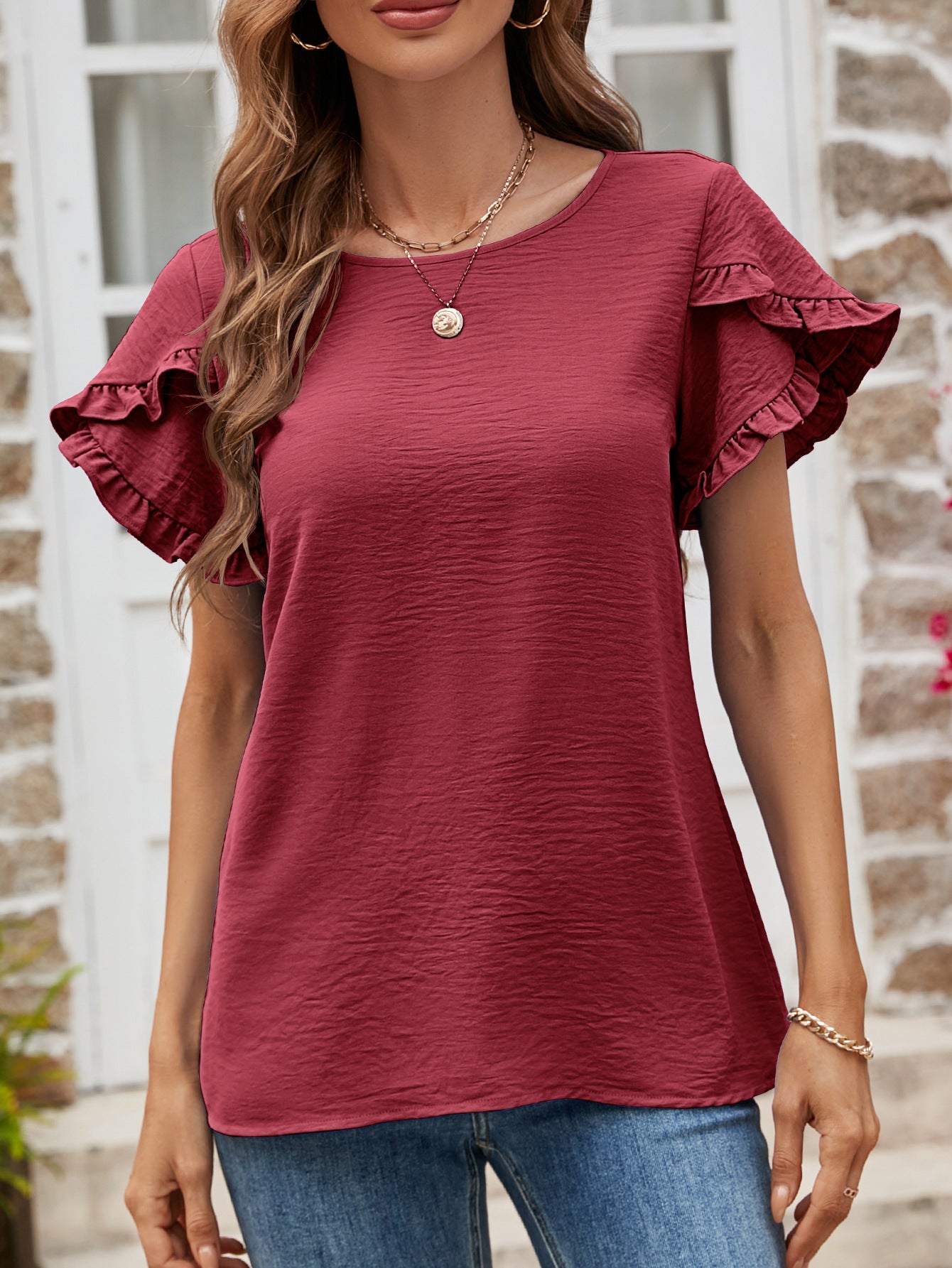 Summer Solid Color round Neck Ruffled Short Sleeves Women Tops Casual T shirt Women