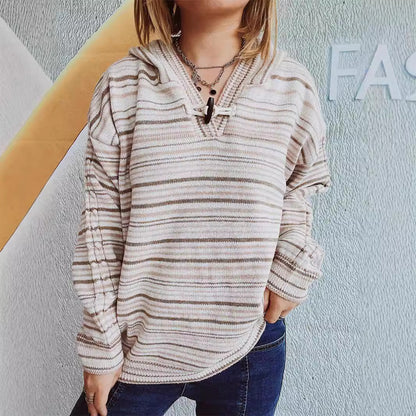 Hoodie Loose Striped Pullover Horn Button Hooded Casual Sports Long Sleeve Sweater Women