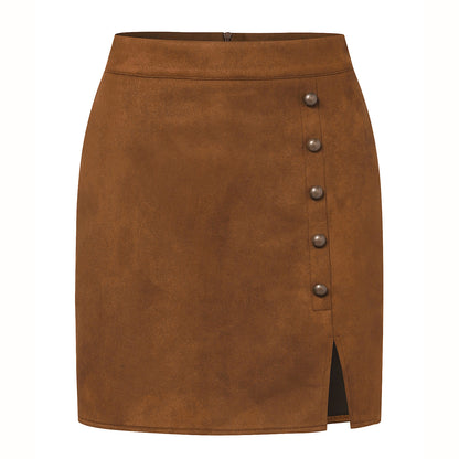 Autumn Winter Women Solid Color Suede Skirt High Waist Metal Buckle Hip Skirt