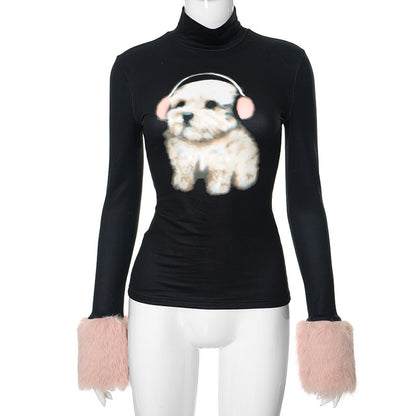 Millennium Sexy Cute Dog Printed Fur Cuff Round Neck Pullover Top Women Spring Autumn