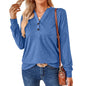 Autumn Winter Solid Color V-neck Button Loose Long-Sleeved T-shirt Top Ladies