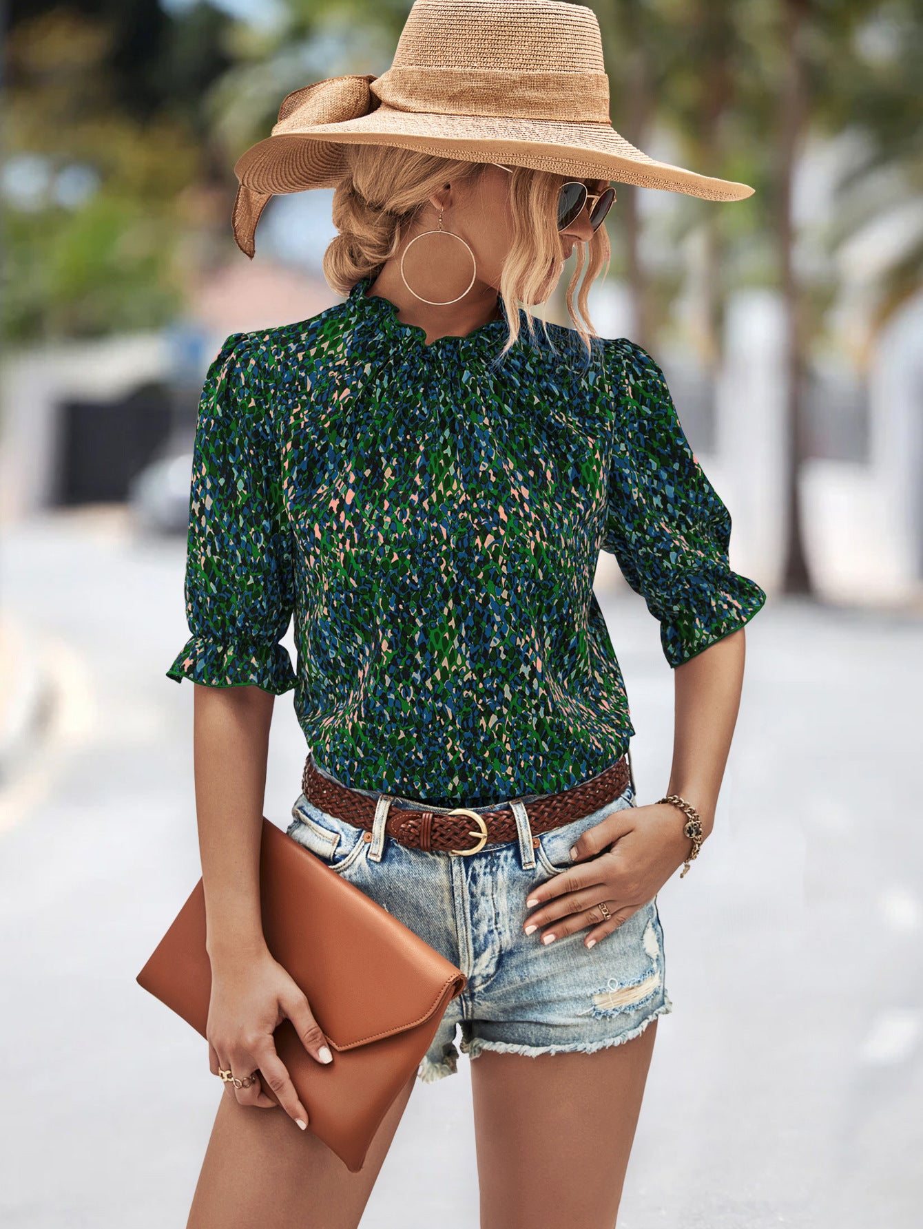 Popular Ruffled Collar Printed Short Sleeve Shirt Elegant