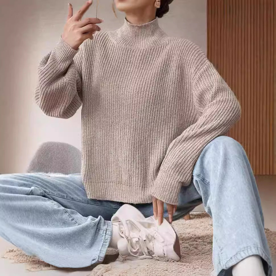 Autumn Winter Women Solid Color Simple Half Turtleneck Bottoming Shirt Knitted Sweater Pullover