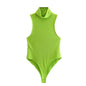 Summer Women Clothing Fluorescent Green Turtleneck Solid Color Slim Fit Sleeveless