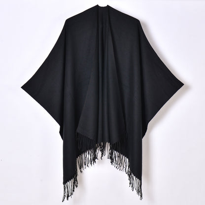 All Matching Women Classic Monochrome Tassel Split Shawl Scarf Four Seasons Cashmere Knitted Cardigan